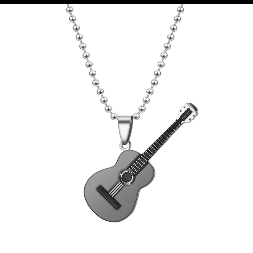 Men's Black Stainless Steel Guitar Pendant Necklace